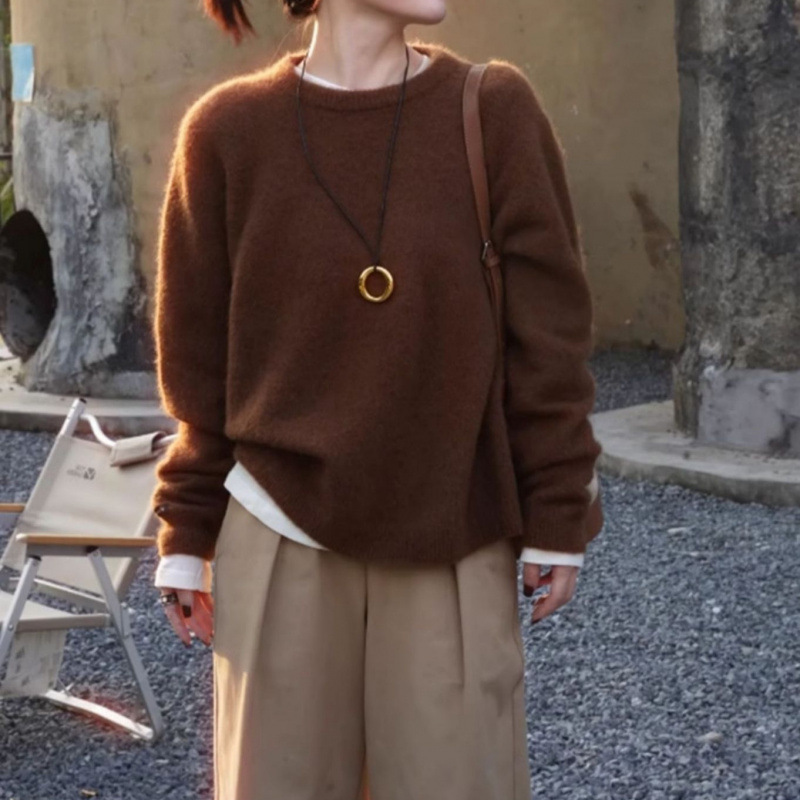 Ys Retro Maillard Brown Soft Waxy Loose Pullover Bottoming Sweater Women's Autumn and Winter New Warm Lazy Knitted Sweater Ys Retro Maillard Brown Soft Waxy Loose Pullover Bottoming Sweater Women's Autumn and Winter New Warm Lazy Knitted Sweater