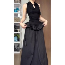 黑色新中式长裙旗袍领荷叶边连衣裙收腰显瘦设计感夏季2024年