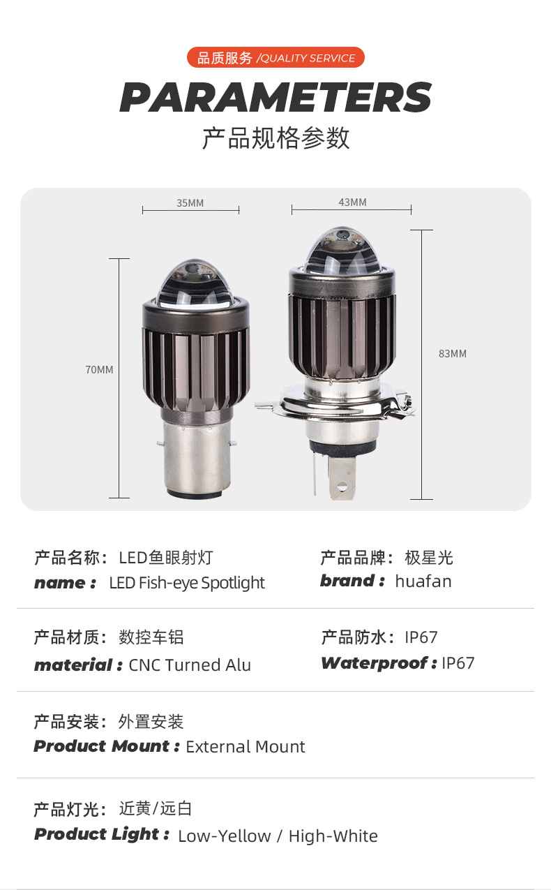 Cross-border exclusive LED dual-color high/low beam spotlight for electric vehicles and motorcycles, featuring a fisheye lens and built-in light