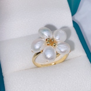 Sweet Light Luxury Handmade Woven Natural Pearl Five-petal Flower Ring Instagram Style Elegant All-match Niche Design Ring