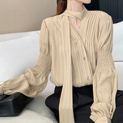 金色V领衬衫女秋季新款丝带设计感时尚长袖衬衣黑色其它
