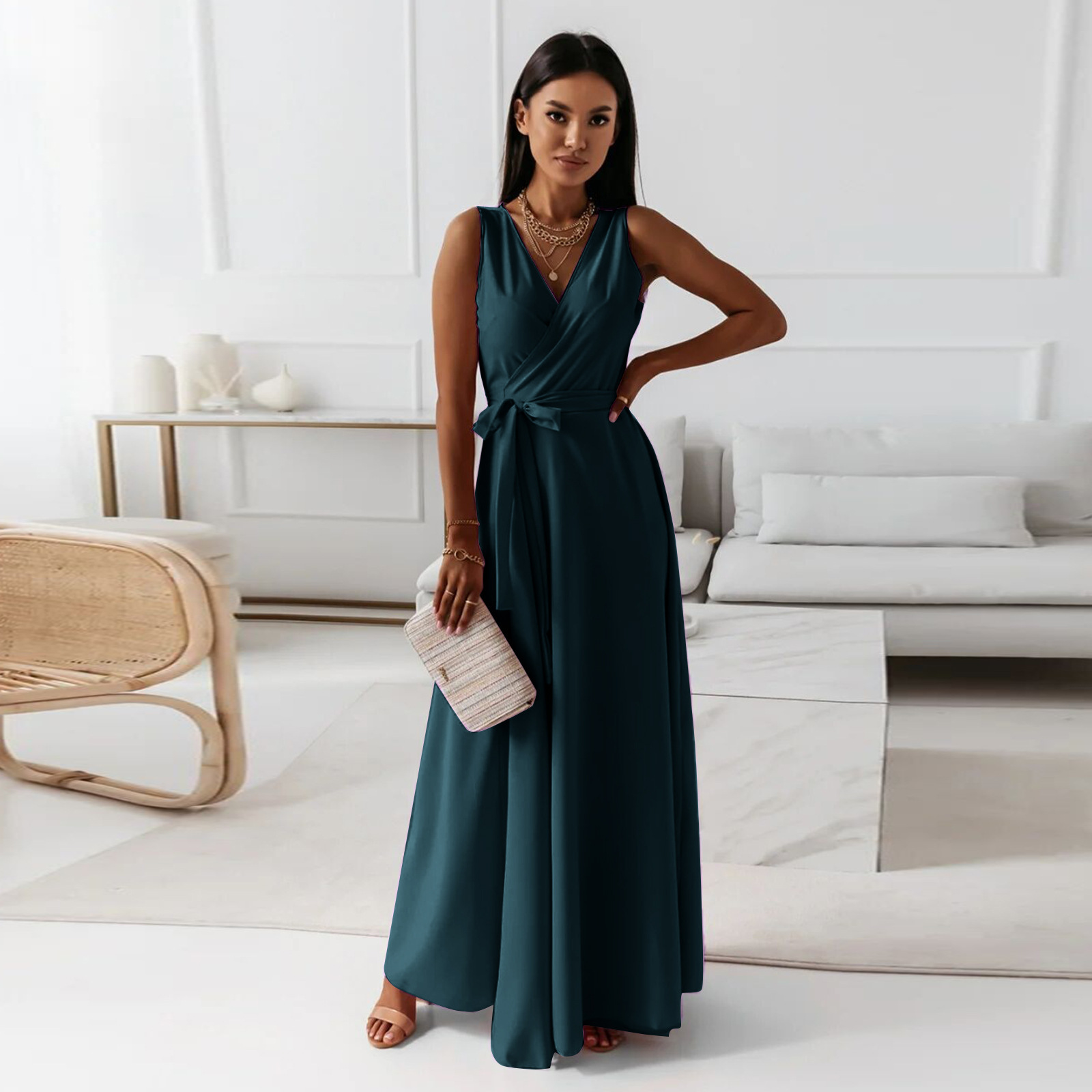 2025 Independent Station European And American Cro-Border Spring Summer New Women's Solid Color V-Neck Long_ecoleips.com