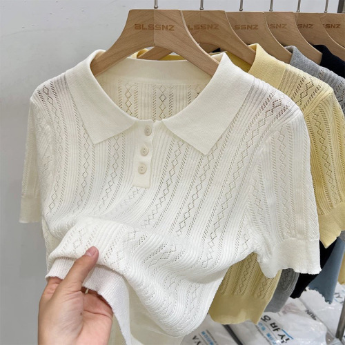 Polo shirt lapel hollow short-sleeved sweater for women's summer new style unique and niche half-sleeved yellow top