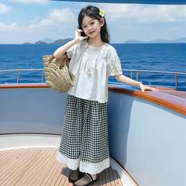 女童夏装韩版时髦套装2025新款女大童镂空短袖T恤儿童宽松格子裤