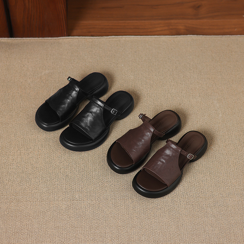 Sandal hở mũi nữ quai ngang đế dày da bò — màu nâu chi tiết 24