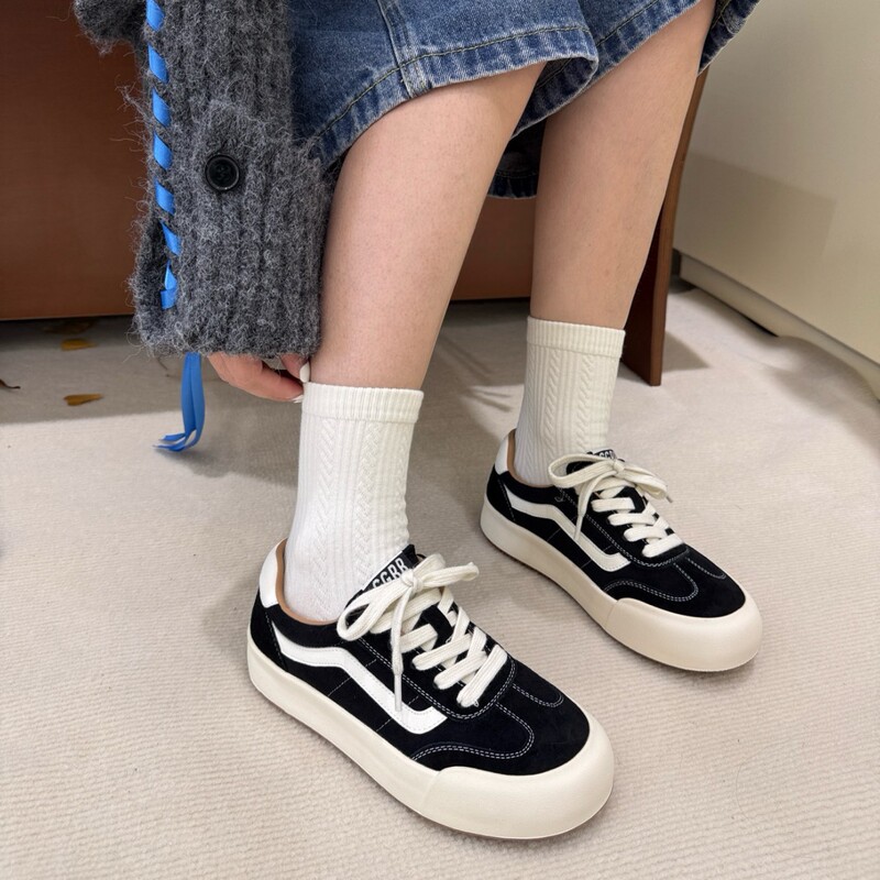 韩版真皮厚底德训鞋女2025秋季新款舒适轻便时尚百搭休闲运动板鞋|undefined