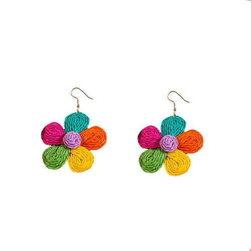 Raffia exaggerated flower ear hooks, personalized sweet color matching garland niche earrings, trendy hand-woven earrings