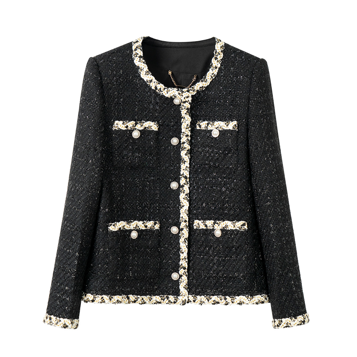 Autumn and Winter Light Luxury Black Classic Chanel-Style Tweed High-End Versatile Top