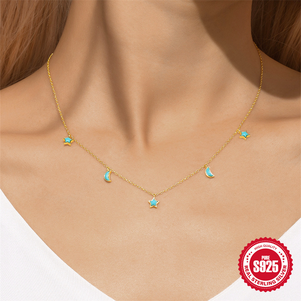 Nuevo S925 plata esterlina estrella luna mezcla y combinación pulsera turquesa sin golpear traje de aretes de anillo de todo fósforo personalizado