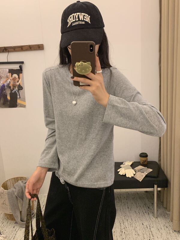 25秋季新款韩系Apm肩部打结打底衫简约休闲设计感女式长袖T恤|undefined