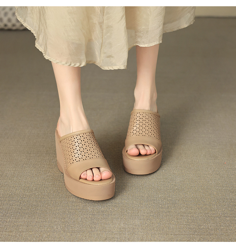 Dép sandal nữ quai chữ V đế xuồng cao gót 9 cm, phối váy dạo phố — màu trắng ngà, màu mơ chi tiết 5