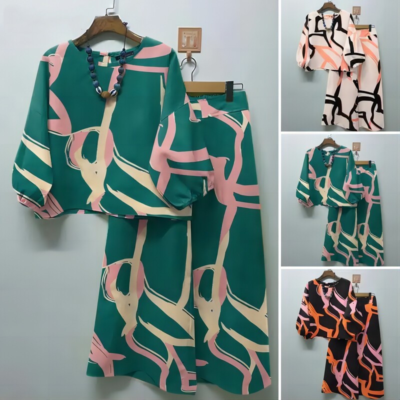 Spring 2024 New Women's Geometric Print Casual suit Bohemian Top Wide Leg Pants 2-Piece Set