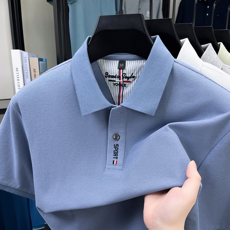 純綿メンズ Tシャツ夏の新しいハイエンド刺繍ラペルファッション薄型吸汗通気性半袖メンズ Tシャツ|undefined