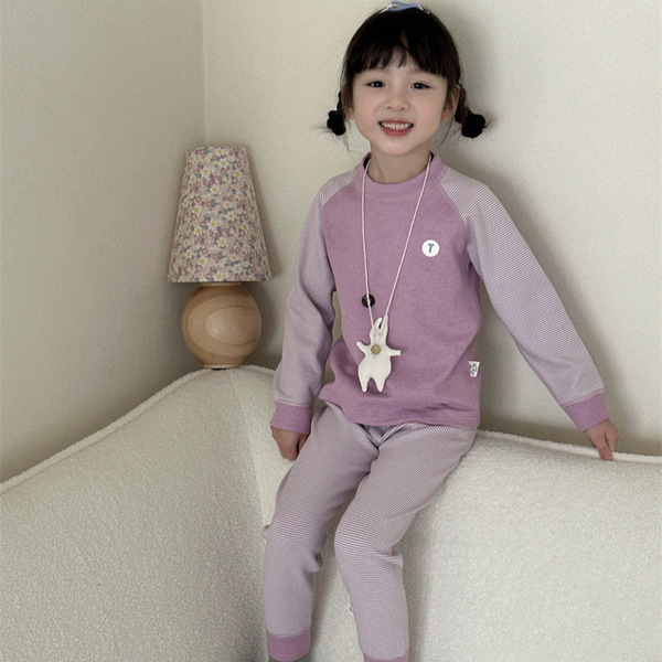 Children's Thermal Underwear suit Stripe Contrast Shoulder Boys' and Boys' Autumn Clothes and Autumn Trousers for Large Children Pajamas Home Clothes
