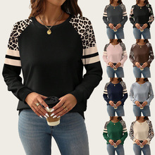 跨境欧美大码女装秋冬新款时尚豹纹拼色印花圆领长袖加绒套头卫衣