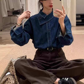 韩系蓝色交叉领牛仔衬衫女2026早春新款小个子叠穿宽松上衣图片色