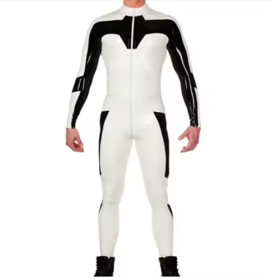 Latex Clothing Latex Bodysuit Black and White Color Matching Front Opening Crotch Zipper Latex Men's Jumpsuit Latex Clothing
