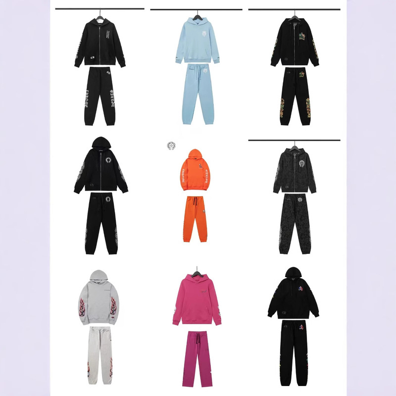 Chrome Heart Spring & Fall New Printed Loose Hooded Pullover Sweatshirt and Sweatpants Suit for Men and Women