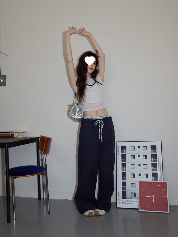 吵吵家设计感假两件休闲裤女2025夏慵懒宽松垂感直筒拖地阔腿裤|undefined