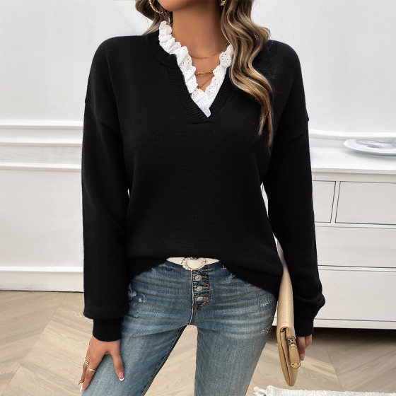 Di Yun Europe and the United States cross-border foreign trade Amazon 2024 autumn and winter women's temperament loose lace v-neck jacket sweater