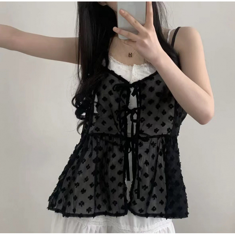 Summer Ins-Style Niche Design, Unique Solid Color Small Floral Layered Mesh Lace-Up Camisole Top (Inner Layer Not Included)