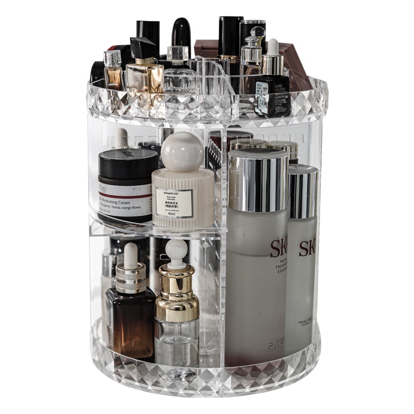 360 Rotación de productos de cuidado de la piel caja de almacenamiento de luz de lujo giratorio estante cosmético transparente estante de almacenamiento de escritorio
