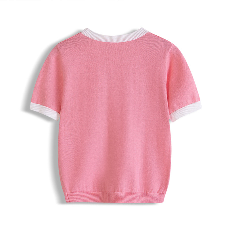 2025 nuevo estilo de algodón de clase A, bordado de amor para niños, camiseta para niñas, ropa para niños, suéter de manga corta, cabello fino de una pieza en verano