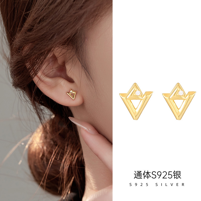 925純銀三角形耳釘女小巧簡約幾何設計感耳環通勤養耳洞耳飾批發