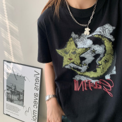 徐璐同金25早春GAアルファベット星月プリント半袖黒ゆるい純綿tシャツ上着女