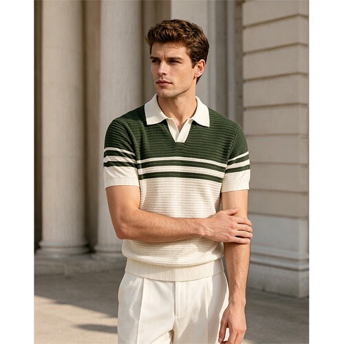 Retro style men's contrasting color stripe stitching knitted short-sleeved POLO shirt comfortable breathable summer men's Polo shirt trend