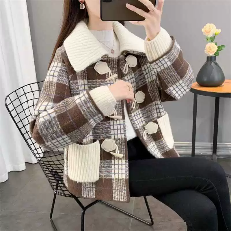 Little Xiangfeng клетчатая короткая шерстяная куртка Женская весна и осень 2025 новый иностранный минус возраст рыхлый шерстяной топ