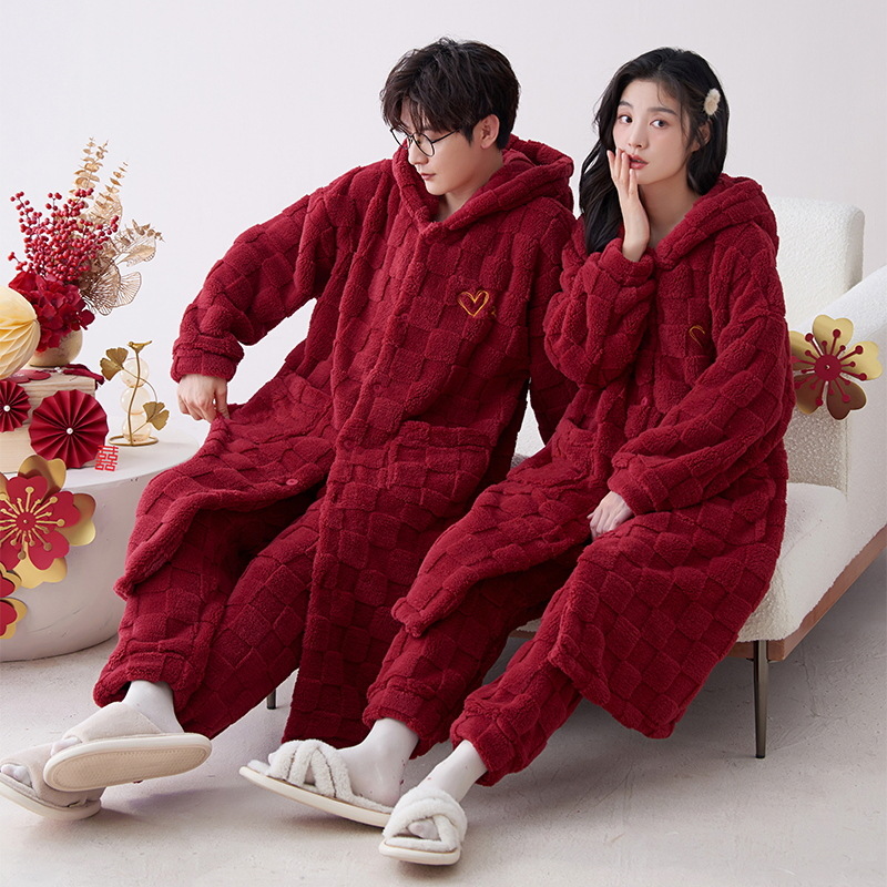 Pijama de casamiento de nuevo matrimonio conjunto de invierno pijama de lana de coral más lana gruesa ropa de hogar de franela