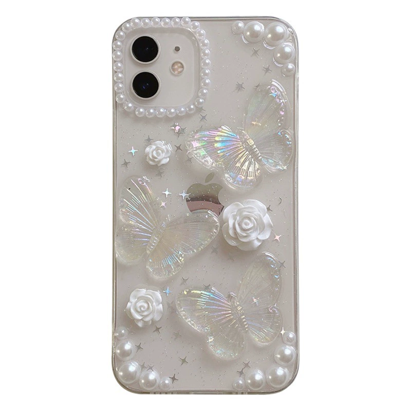 Чехол для iPhone 16 Pro Max с жемчужным бабочкообразным цветком, подходит для Apple 15 Pro, прозрачный, мягкий, для 13/14