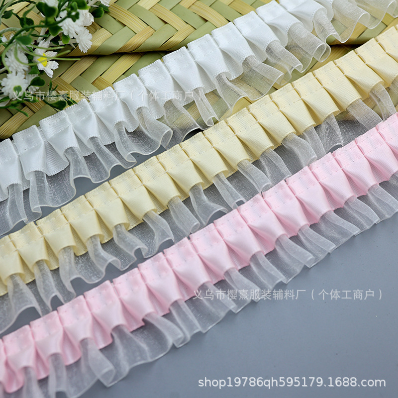 스팟 4cm 더블 레이어 주름 폴리 에스터 투명 쉬폰 엣지 의류 액세서리 스커트 커프스 diy 레이스 지원 레이스