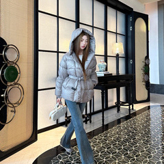 南油女装2025冬季连帽浴袍羽绒服女收腰带显瘦白鹅绒加厚冬装外套