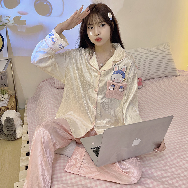 Linda dulce chica pijamas de las mujeres seda del hielo la solapa cardigan manga larga Otoño e Invierno Nueva Historieta ocasional desgaste en casa traje