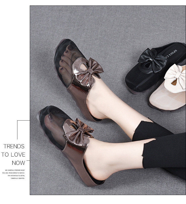 Dép sandal nữ bít mũi lưới thắt nơ da thật đế bằng mềm chống trượt — Màu đen chi tiết 18