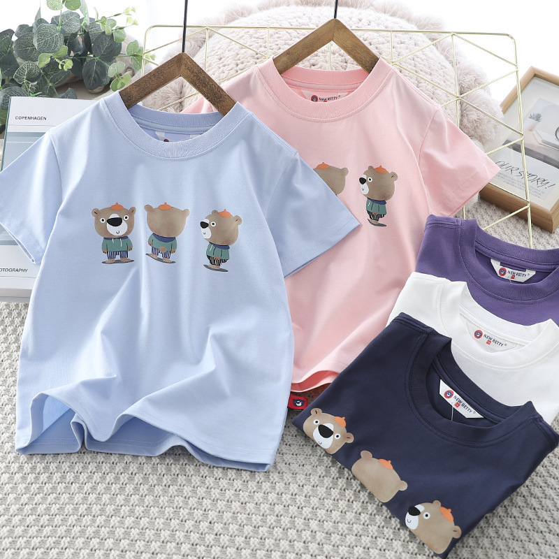 Bear Summer New Children's Bear Printed Short-sleeved T-shirt Korean-style Half-sleeved Bottoming Shirt Loose T-shirt for Middle and Big Children