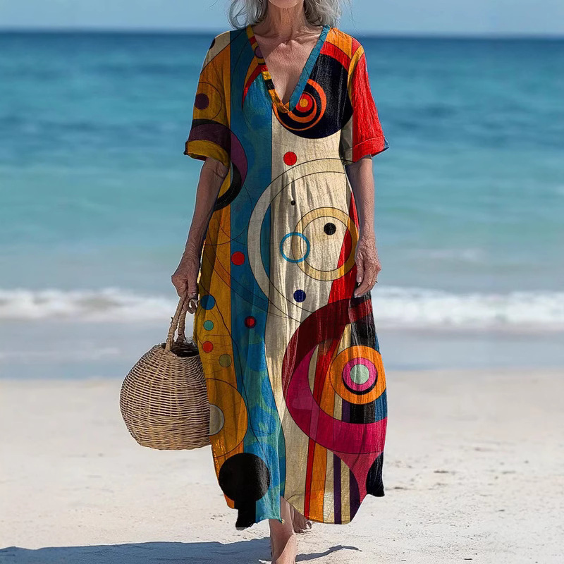 2025 Cross-Border New Style Retro V Neck Bohemian Floral Print Elegant and Chic Loose Mid-Length Dress