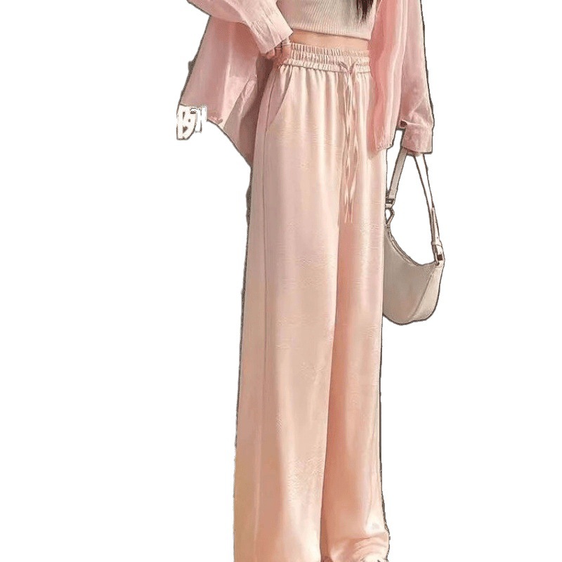 Nuevos pantalones chinos de hielo, pantalones de piernas anchas para mujeres 2025, nuevos pantalones delgados de cintura alta en relieve de estilo nacional de verano, pantalones casuales