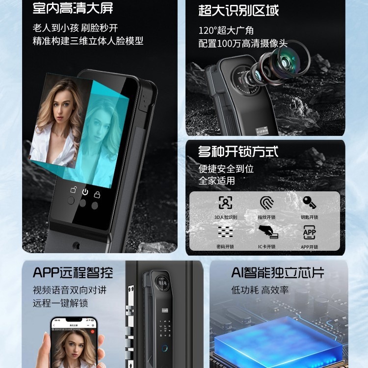 Cerradura de huellas dactilares de identificación facial Cerradura de puerta con contraseña visual de ojo de gato Cerradura de puerta inteligente Cerradura electrónica automática de huellas dactilares desbloqueo