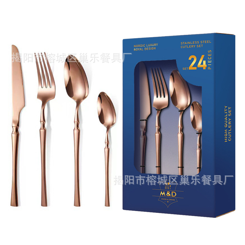 Acero inoxidable cubiertos de comida occidental 24 piezas hotel regalo de negocios de alta calidad puede personalizar logotipo cuchillo de filete tenedor conjunto de cucharas
