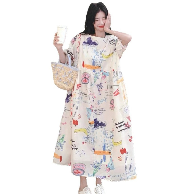 超好看夏日俏皮减龄涂鸦风连衣裙女2025新款松弛感韩系小众A字裙|undefined