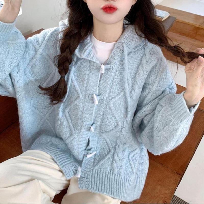 2025秋季新款春秋慵懒软糯针织开衫温柔系蓝色连帽毛衣外套女秋冬|undefined