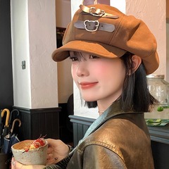 日本のレトロなコーヒー色のクラウドベレー帽女性の秋と冬多用途八角形帽子大きな頭囲顔小さな画家の帽子