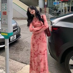 甜酷辣妹复古新款印花长袖修身秋季粉色连衣裙收腰显瘦气质长裙女