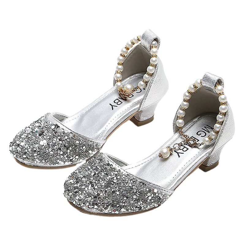 Кожаная обувь для девочек 2023 Весна-Лето Корейская принцесса яркие бриллиантовые туфли на высоком каблуке с кристаллами обувь с жемчужной цепочкой прилив