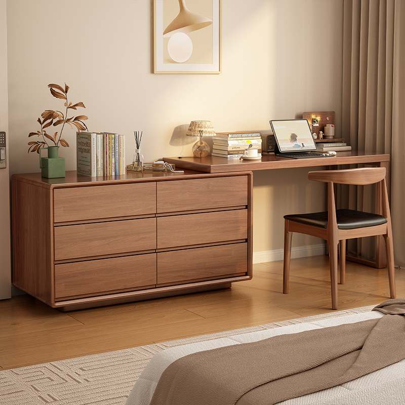 Solid Wood Dressing Table Cupboard Wabi-Sabi Style Retractable Storage Integrated Desk Bedroom Solid Wood Small Apartment Makeup Table