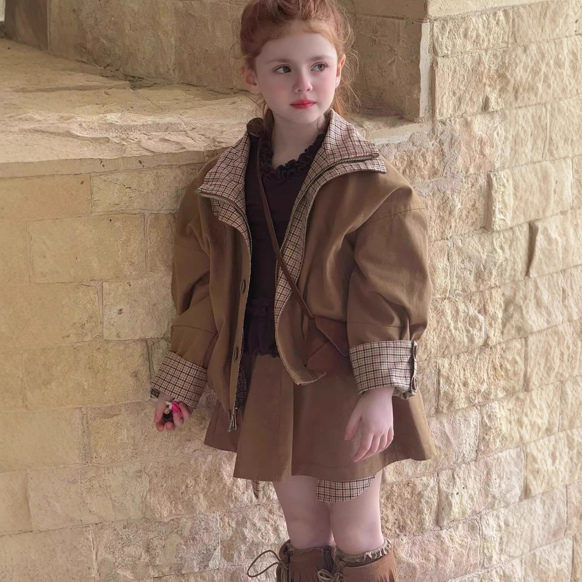 Family Matching Outfits Mother-Daughter Children's Set Plaid Patchwork Stylish Jacket with Skirt Heavy-Duty Craftsmanship 2026 New Spring Autumn Winter Collection