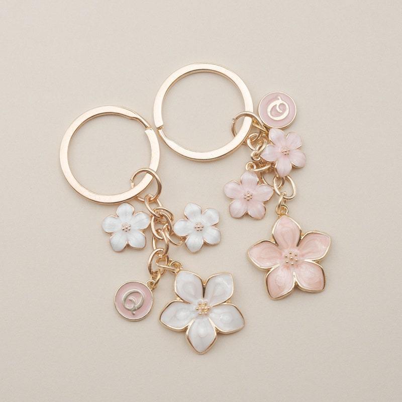 26 Letters Cherry Blossom Pink/White Flower Charm Key Chain with Initials